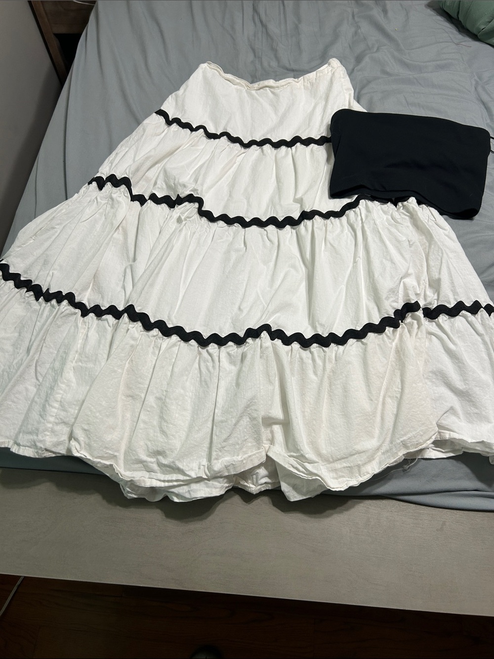 White Tiered Maxi Skirt with Black Chevron Trim
